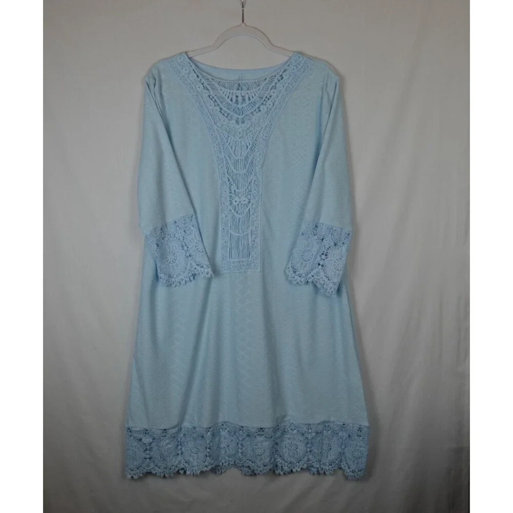 Swimsuit Cover Up Women Plus 1XL Blue Lace Crochet 3/4 Sleeves Resort Wear Beach